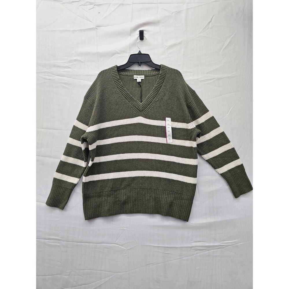 Ava & Viv Womens XXL V-Neck Shaker Stitch Striped Sweater Green Oatmeal
